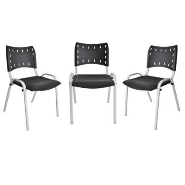 Imagem de Ecom Home - Kit 3 Cadeiras Empilháveis ISO Preta Base Branca Comercial Resistence com Pés em Aço