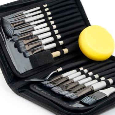 Imagem de Transon Kit de pincéis de pintura de arte 16 pincéis de tinta com espátula de esponja e estojo de escova para óleo, acrílico, aquarela, guache, pintura