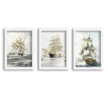 Imagem de Kit 3 Quadros Decorativos Com Molduras Brancas Navio Europeu - D'Cora