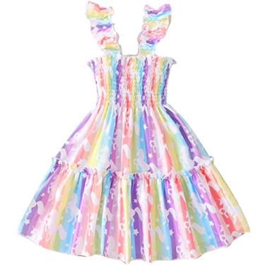 Imagem de RETSUGO Vestido de festa de aniversário casual de manga esvoaçante para meninas para crianças pequenas rodado vestido de verão de 1 a 8 anos, Unicórnio/Tie Dye, 3-4 Anos