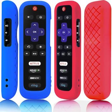 Imagem de Pacote com 2 capas de bateria para controle remoto TCL Roku Smart TV, controle de silicone protetor universal capa azul e vermelha