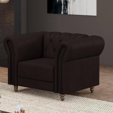 Imagem de Poltrona Decorativa Stanford Chesterfield Pés De Madeira Couro Marrom G58 Gran Belo