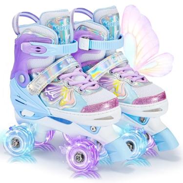 Imagem de Patins Butterfly 4 tamanhos ajustáveis para meninas de 5 a 8 anos, 6 a 12 anos, patins infantis com todas as rodas iluminadas para crianças, meninos, jovens, patins quádruplos para iniciantes para