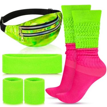Imagem de Tarpop Conjunto de 4 peças Tarpop anos 80 Neon Sweatband Headband Conjunto de pulseiras Neon Slouch meias faixa de suor faixa faixa de suor bolsa de cintura para festa feminina (rosa vermelha, verde)