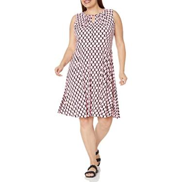 Imagem de London Times Vestido feminino sem mangas com decote fechado de bolinhas e saia plissada, Preto/Rosa Giz, 52