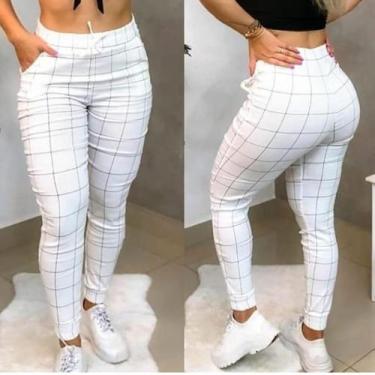 Imagem de Calça Jogger Bengaline Feminina Xadrez Elastico - M & K Shop, Branco, 