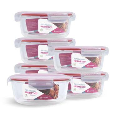 Imagem de Kit 6 Potes Hermético Vidro Redondo Grande Marmita 1300ml - NABOX, Ver