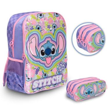 Imagem de Kit Mochila Stitch Grande Alça Costas Com Estojo Lilás - Plike