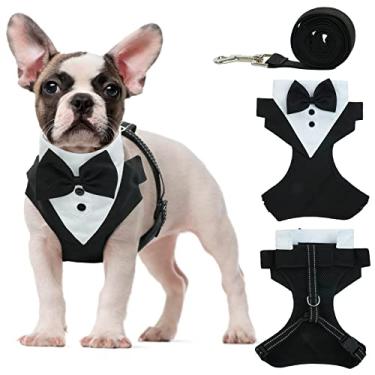 Imagem de OUOBOB Peitoral para cachorro smoking, colete sem puxão, peitoral formal para filhotes com gravata borboleta para casamento, colete de smoking de malha respirável para cães, peitoral para animais de
