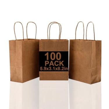 Imagem de KTKDE 100 sacos de papel 15 x 8 x 20 cm, sacolas de presente, sacolas de festa, sacolas de varejo, sacolas de compras, sacolas de mercadorias, sacos de papel Kraft marrom reciclado com alças a granel