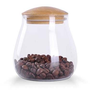 Imagem de WHJY Suporte de recipiente de vidro transparente de 368 g com tampa hermética de bambu, pequeno e bonito pote decorativo redondo moderno para café, especiarias, doces, sal, biscoitos, condimentos, pimenta, açúcar