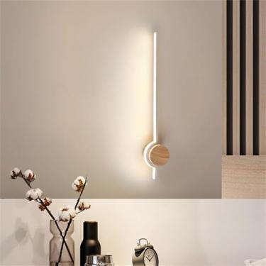 Imagem de Luminária de parede LED de madeira com listras longas, arandelas de parede modernas para cabeceira interna, luz de espelho linear de alumínio, iluminação de parede criativa e simples para sa