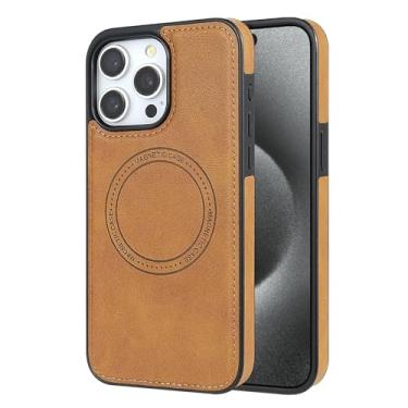 Imagem de POYUFRG Capa de couro para iPhone 16 Pro Max/16 Pro/16 Plus/16, capa fina de carregamento sem fio, suporte para veículos, capa de sucção magnética à prova de choque, laranja, 16