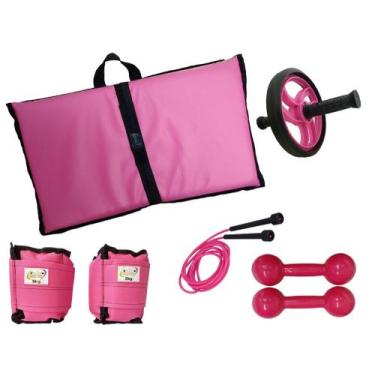 Imagem de Kit Tornozeleira 5KG Rosa + Halteres 5KG Rosa + Colchonete Rosa + Roda