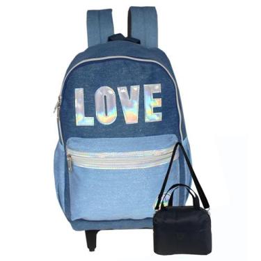 Imagem de Mochila Escolar Feminina Glitter Love Com Lancheira Térmica Azul - Den
