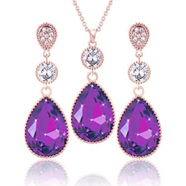 Imagem de Qinpan 18 * 13 mm pingente de cristal gota gota pingente pingente colar e brincos conjunto de joias para mulheres fantasia banhado a ouro, 38*14.5mm, Ouro rosa, Ametista