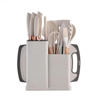 Imagem de Conjunto de utensílios de cozinha de silicone de grau alimentício, colher de cozinha, pá, tábua de corte, faca de frutas, faca de chef, conjunto de combinação (Cáqui escuro)