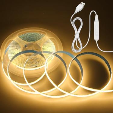 Imagem de Aclorol Fita De Led Cob Com Alimentação Usb 16,4 Pés/5 M 1600 Leds Branco Quente 8 Mm De Largura Fita De Cob Regulável Fita De Led Flexível E Cortável Para Luz De Fundo De Tv De Quarto Escadas Ilumi