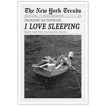 Imagem de Arte de parede em tela vintage preto e branco engraçado "I Love Sleeping Newspaper Poster Retrô Feminista" Revista Estética Impressão Pintura para Dormitório Feminino Quarto Bar Carrinho Decoração de