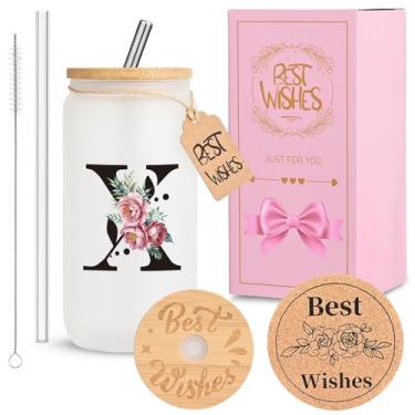 Imagem de HWJH Copo de vidro inicial personalizado para mulheres - copo de vidro à prova de vazamento de 473 ml com tampa e canudos, conjunto de presente monogramado, copo reutilizável fosco fosco para café,