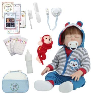 Imagem de Bebê Reborn Menino 100% Vinil Cabelo Fio a Fio Pelúcia Bolsa - Cegonha