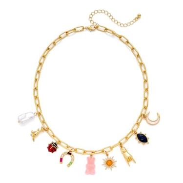 Imagem de ENSKEFEN Colar feminino com vários pingentes, urso rosa, sol, lua, moda, corrente dourada, one size, Metal, Sem Pedra Preciosa