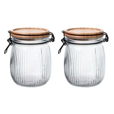 Imagem de Kit 2 Pote Hermético Versalhes Vidro Com Tampa Bambu 800ml Trava Presi