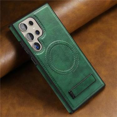 Imagem de HPQWN Para S24 Ultra Luxo Couro Magnético Dobrável Suporte Case Carregamento Sem Fio À Prova de Choque Capa Macia (Para S24 Ultra/Verde Escuro)