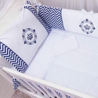 Imagem de kit Berço bordado 09 peças luna baby chevron luxo branco e azul - Paul