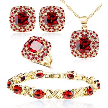 Imagem de Conjunto de joias para mulheres, colar de strass de zircônia cúbica, clipes de anel, conjunto de pulseiras, brincos e pulseiras, presente de noivado para esposa, namorada, melhor amiga, 4.6x3.5 x1.3 inches, Platina Ouro rosa Ouro amarelo, Zircônia cúbica