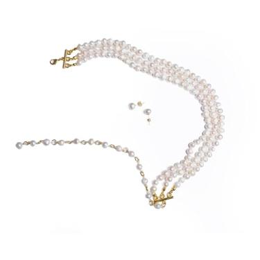 Imagem de Pérolas cultivadas ônix femininas 8 mm 3 fileiras ajustáveis para chocker ou colar, banhado a ouro 18 K com 925 8 mm, conjunto de brincos correspondentes de 8 mm, pedras naturais, Pérolas de água doce