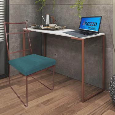 Imagem de Kit Escritório Stark Cadeira e Mesa Industrial Ferro Bronze Tampo mdf Branco Suede Azul...