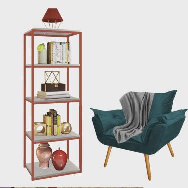 Imagem de Kit Poltrona Fatte com Manta Soft Cinza e Estante Livreiro Ferro Bronze mdf Marmorizado Cinza Suede Azul Turquesa - Ahazzo Móveis