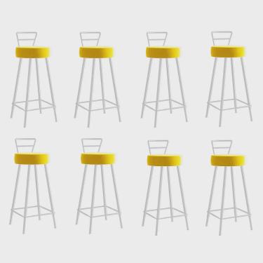 Imagem de Kit 08 Banqueta Alta Com Encosto Tina Eiffel Cozinha Bar Bistrô Ferro Branco Corino Amarelo - Ahazzo Móveis