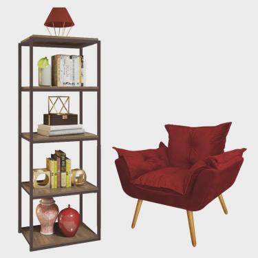 Imagem de Kit Poltrona Fatte com Estante Livreiro Ferro Marrom mdf Castanho Suede Vermelho - Ahazzo Móveis