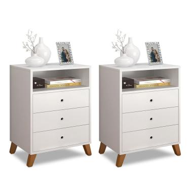 Imagem de Kit 2 criados de cabeceira retro pes palito 3 gavetas E 1 nicho branco