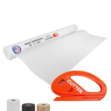 Imagem de IDL Packaging Rolo de papel kraft branco 91 cm x 5,486 cm (55 m) com cortador - Rolo de papel branco de qualidade 22,7 kg de espessura para embalagem, mudança, envio e artesanato/artes - Papel de