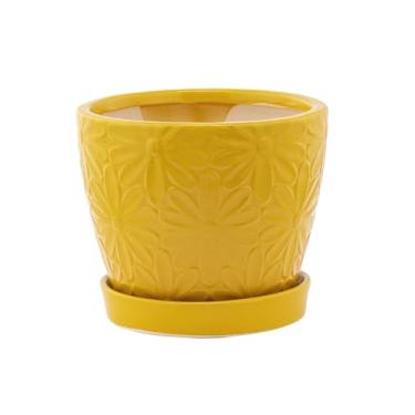 Imagem de Napco Imports Vaso de cerâmica com design de margarida em relevo, 12 x 12 cm, amarelo dente-de-leão, em pé, com orifício de drenagem e pires anexados