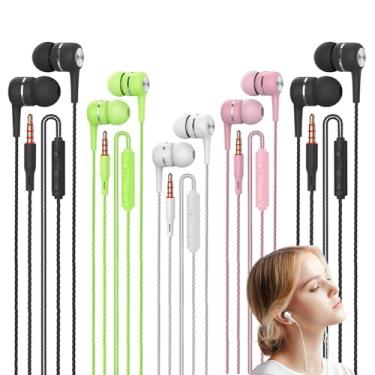Imagem de Pacote com 5 fones de ouvido com fio, fones de ouvido intra-auriculares com microfone com graves pesados, volume ajustável, fones de ouvido de alta qualidade de som para laptop, iPad, MP3, smartphones