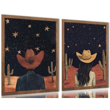 Imagem de 2 peças vintage ocidentais homens e mulheres caubói arte de parede em tela céu estrelado deserto cacto impressão pinturas deserto cowboy imagem decoração de parede para casa quarto banheiro sala de