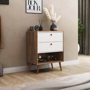 Imagem de Aparador para Sala de Estar 2 Gavetas Gael Branco/Nogal