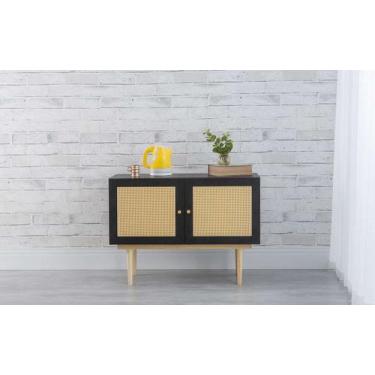 Imagem de Balcão Buffet Pés Palito Madeira Pequeno 2 Portas Mdf E Palhinha Estil