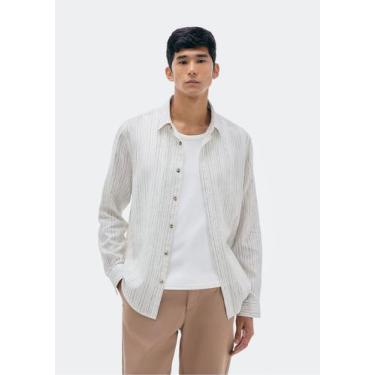 Imagem de Camisa Masculina Manga Longa Listrada Em Linho - Hering, XG, Branco