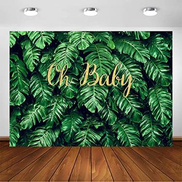 Imagem de Avezano Pano de fundo tropical Oh Baby para chá de bebê, fotografia de fundo verde e dourado, natureza, vegetação, safári, decorações de chá de bebê, festas de aniversário, sessão de fotos (2,4 x 1,8
