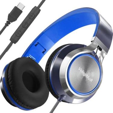 Imagem de VkingMoR Fones de ouvido com fio com microfone, fones de ouvido tipo C, fone de ouvido com fio tipo C, plugue no laptop, telefone, fone de ouvido (azul)