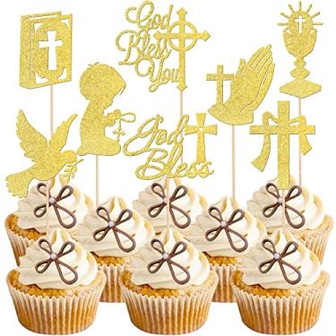 Imagem de Rsstarxi 24 Pack God Bless and Cross Cupcake Toppers Gold Glitter Dove Cross Boy Baptism Cupcake Picks for Religious God Bless First Communion Theme Baby Shower Kids Birthday Party Cake Decorations