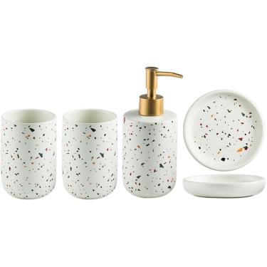 Imagem de Conjunto De Banheiro, Conjuntos De Dispensador De Sabonete Branco, Com Suporte Para Escova De Dentes, Dispensador De Sabonete, Saboneteira, Caneca De Escova De Dentes, Para Casa, Hotel, Cer, A