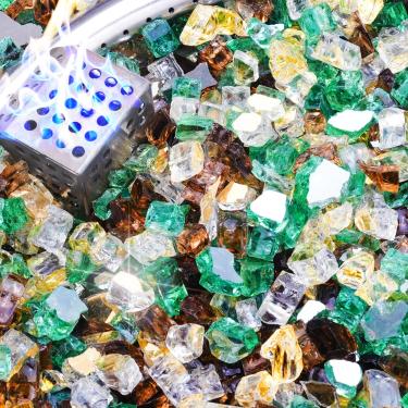 Imagem de NUPICK Vidro de fogo de 9 kg, vidro refletivo de 1/2 polegada, pedra de vidro de fogueira temperado para propano ou gás natural, pedras de vidro para mesa de fogueira ou lareira, mistura de ouro