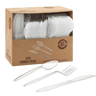 Imagem de PLASTICPRO Pacote Com 400 Utensílios De Plástico Descartáveis, Conjunto De Talheres Coloridos Sortidos, Garfos, Colheres, Facas, Talheres De Plástico Transparente Para Festas