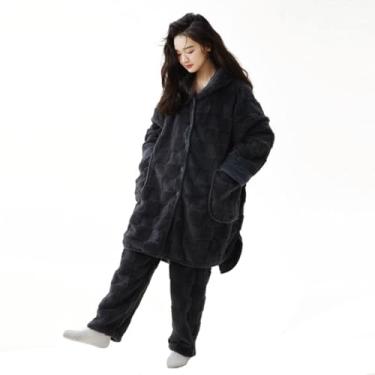 Imagem de Roupão de veludo coral xadrez feminino pijama engrossado conjunto de roupa caseira cardigã botão de resina frente curta atrás design longo, cinza escuro-G
